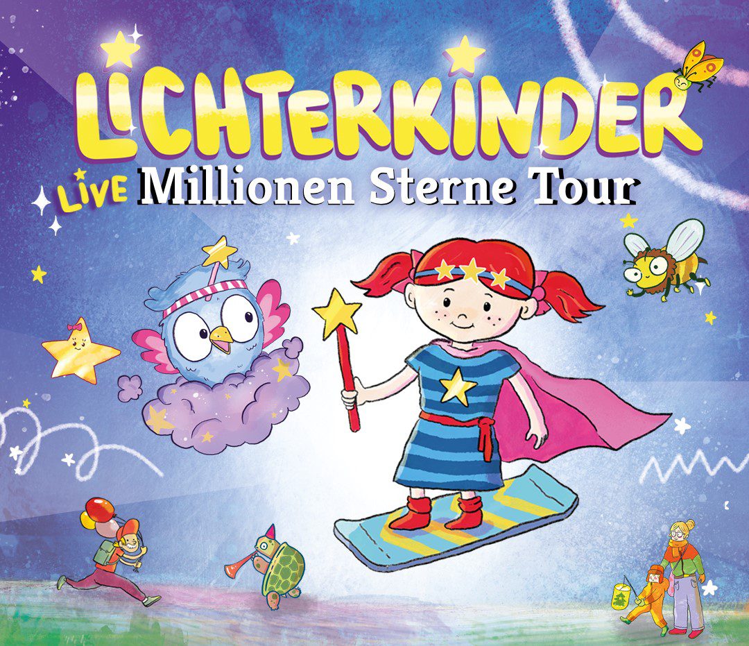 Lichterkinder Millionen Sterne Tour: Kinderbuch-Illustration mit Mädchen auf einem fliegenden Board mit Zauberstab in der Hand, Sternen, Eule und weiteren Figuren.