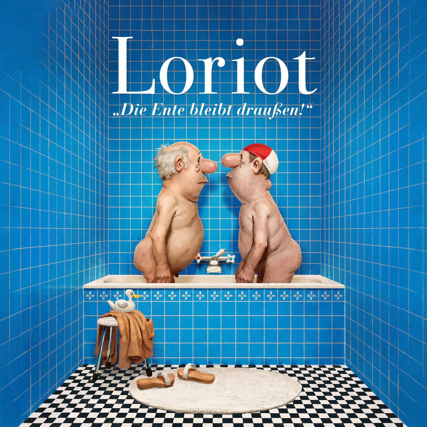 Loriot: Zwei Herren in Badewanne. Karikatur mit Ente und Badeschlappen. Humor.