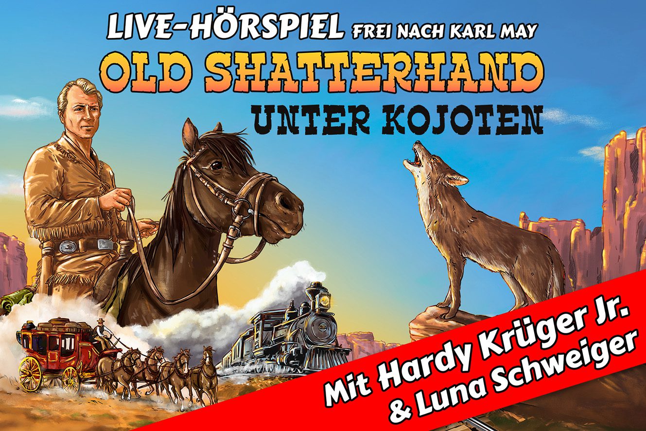 HC_OldShatterhand_Imagebild_mitStoerer_web Old Shatterhand unter Kojoten: Illustration zeigt Mann auf Pferd, Kojote, Kutsche und Zug, Live-Hörspiel nach Karl May.