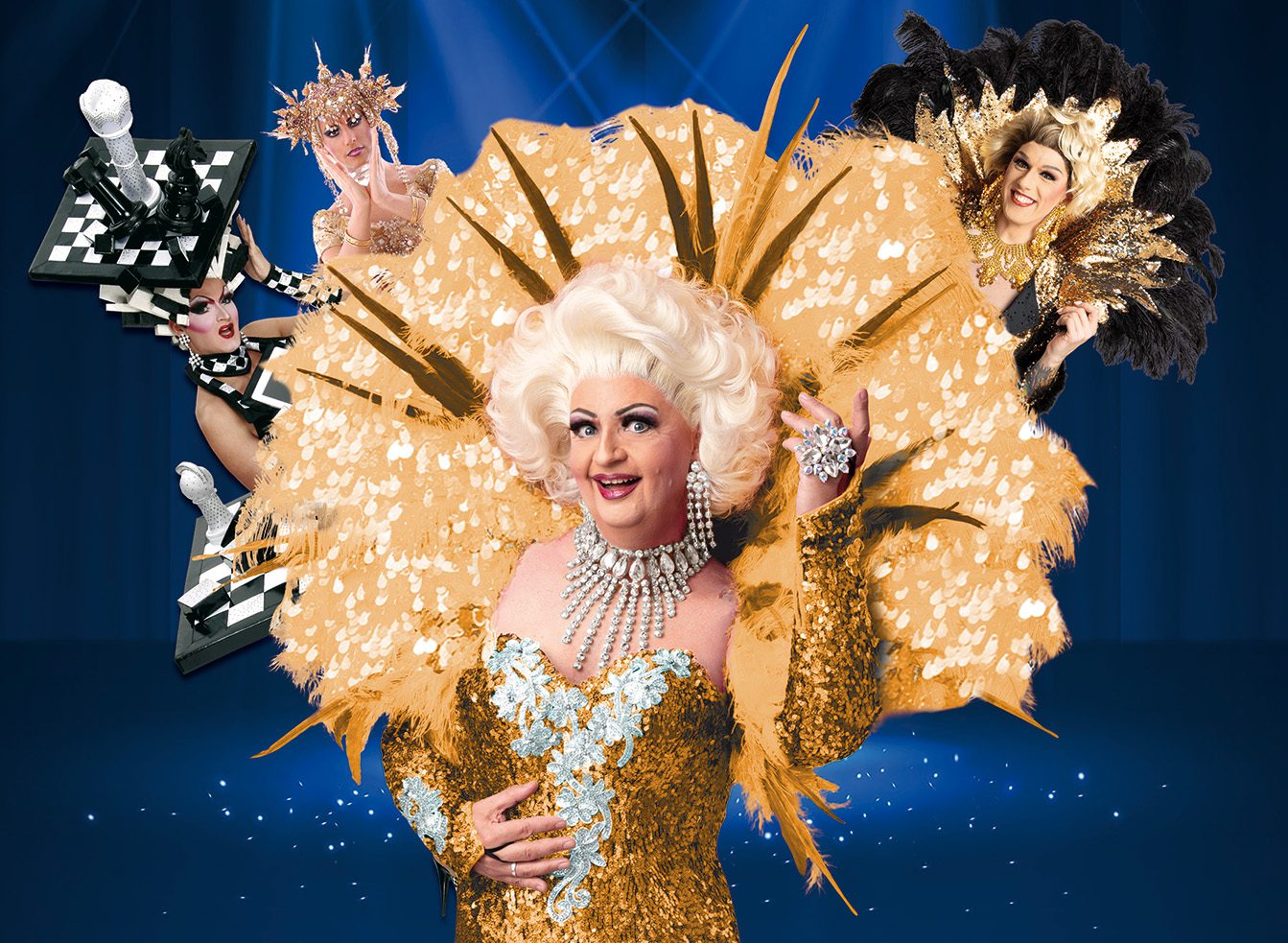 Festival der Travestie: Collage of drag queens Maria, Maxime, Ivy and Tatjana in extravagant costumes, promoting the FdT 2026 show.