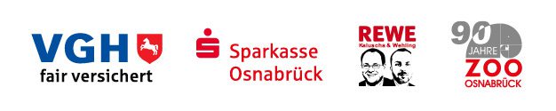 Sponsorenlogos nebeneinander: VGH, Sparkasse Osnabrück, REWE und Zoo Osnabrück 90 Jahre