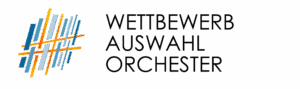 Logo des Wettbewerbs Auswahl Orchester mit blauen und orangefarbenen Linien sowie dem Schriftzug WETTBEWERB AUSWAHL ORCHESTER